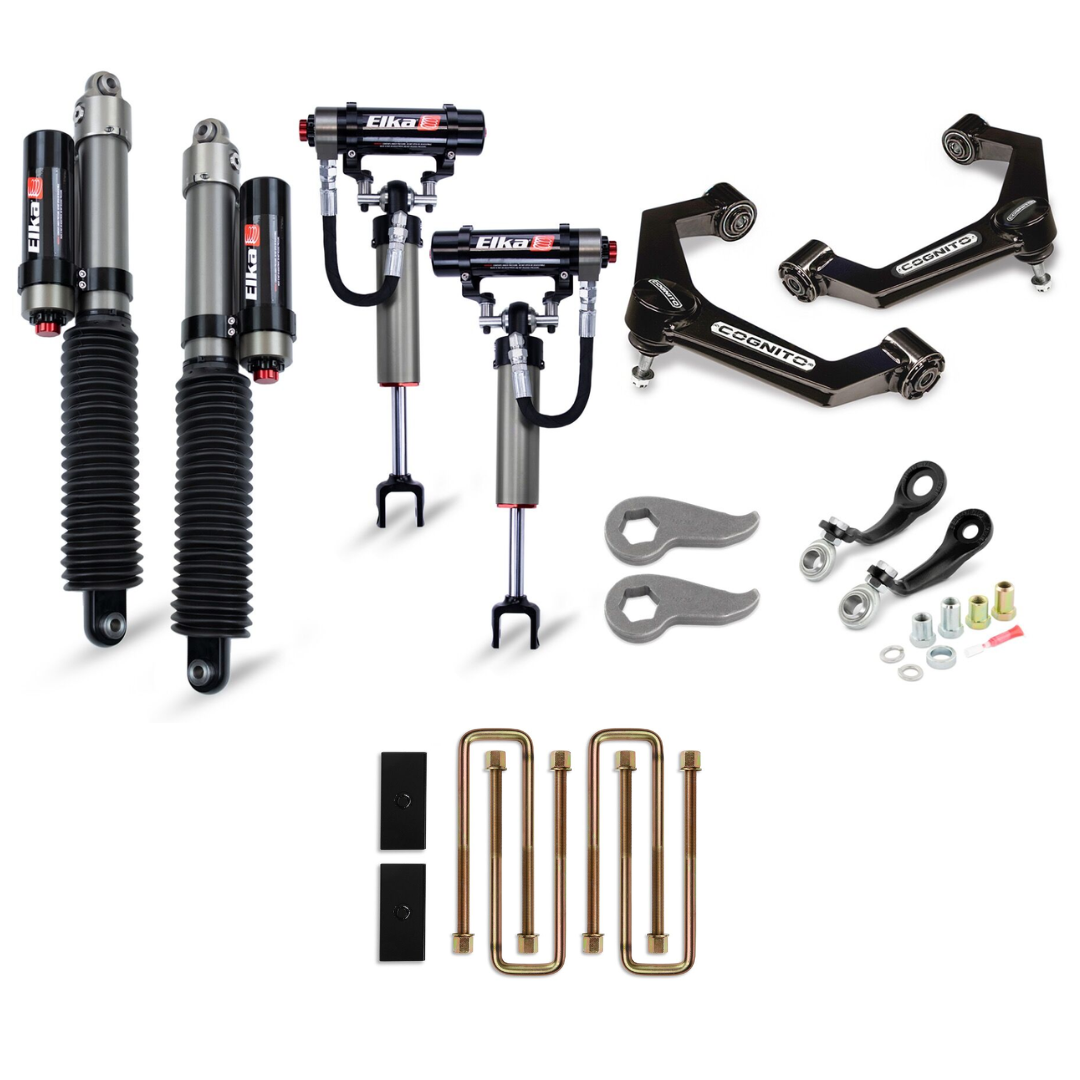 Cognito 3-Inch Elite Leveling Kit with Elka 2.5 Reservoir shocks With 1" Rear Block Kit for 20-24 Silverado/Sierra 2500/3500 2WD/4WD Trucks
